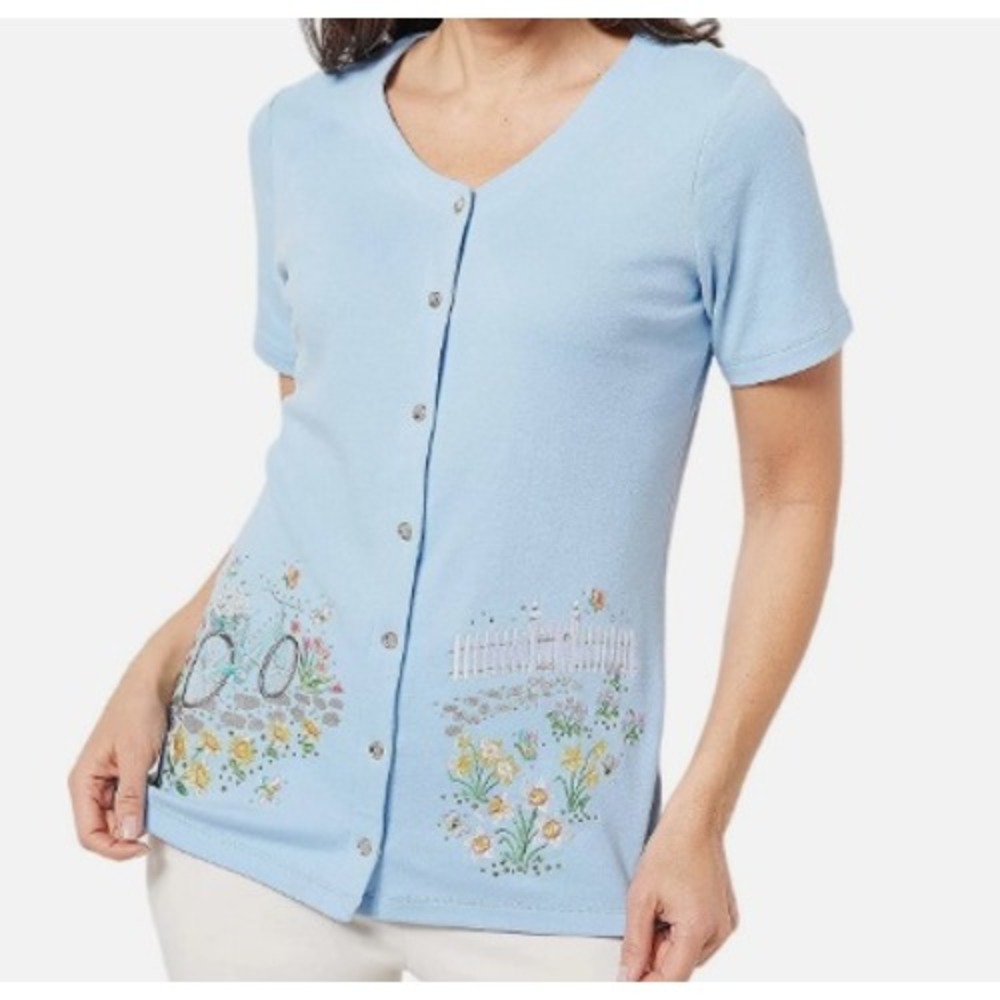 Quacker Factory Blue Springtime Scenes V-Neck L Short Sleeve EmbroideredCardigan